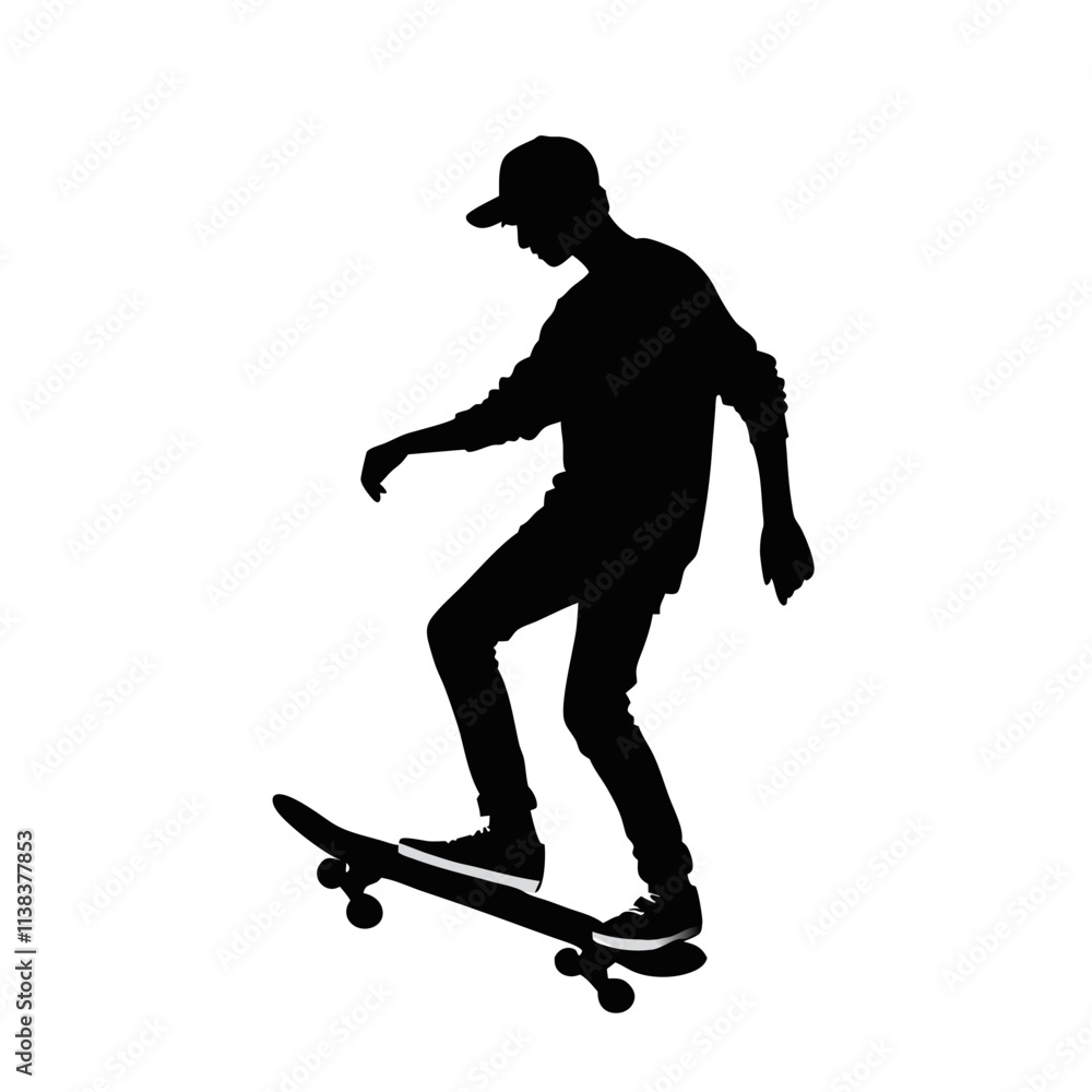 Fototapeta premium Skateboarder silhouette performing tricks in motion against a clean white background