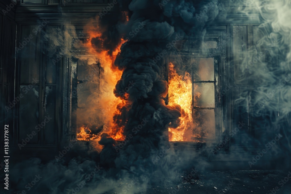 Fireplace Smoke. Tragedy of Black Smoke and Flames Indoors, View through Aged Window Fireplace Smoke. Tragedy of Black Smoke and Flames Indoors, View through Aged Window