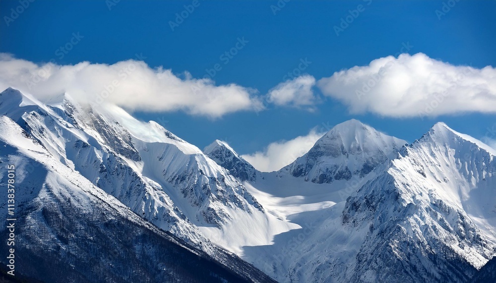 majestic snow covered mountain range with clear blue sky and rolling clouds majestic snow covered mountain range with clear blue sky and rolling clouds
