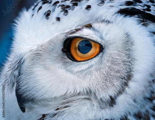 close up of a snowy owl s eye with detailed feathers in a mystical winter scene photo