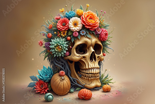 Day of the Dead, Día de los Muertos,a stylized skull adorned with colorful flowers and decorative elements