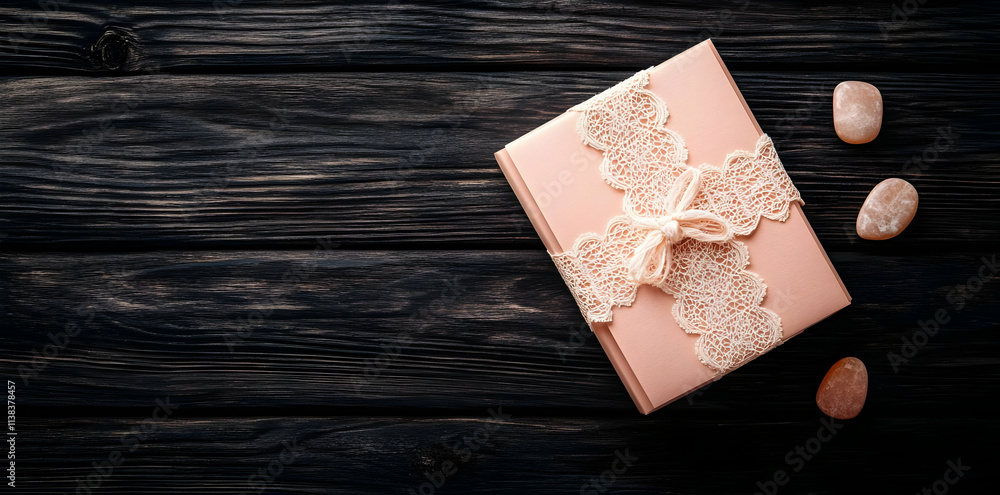 A beautifully wrapped gift box adorned with lace and accompanied by decorative stones. A beautifully wrapped gift box adorned with lace and accompanied by decorative stones.