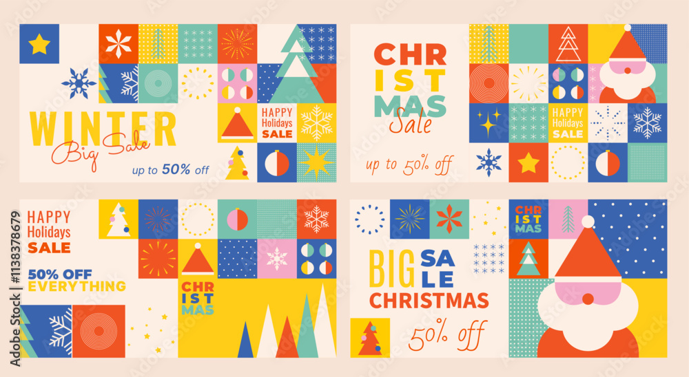 Merry Christmas and Happy New Year horizontal sale banners in geometric style. Winter design for promotion, advertising in swiss style. Vector illustration Merry Christmas and Happy New Year horizontal sale banners in geometric style. Winter design for promotion, advertising in swiss style. Vector illustration