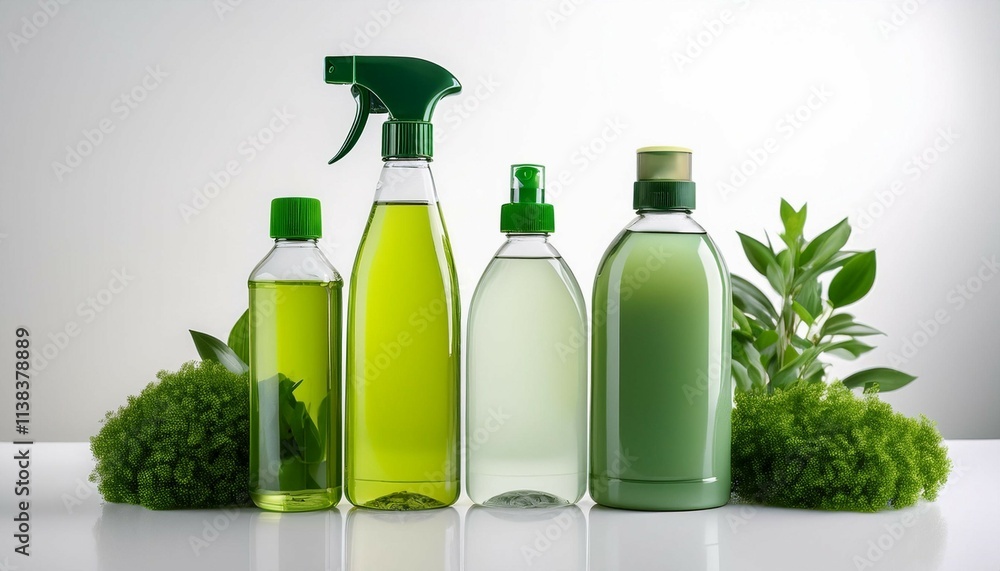 eco friendly cleaning chemicals in clear bottles white background safe for household use eco friendly cleaning chemicals in clear bottles white background safe for household use