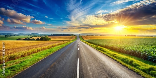 Scenic Country Road, Asphalt Highway, Agricultural Fields, Rural Landscape, Farmland, Summer Drive, Countryside, Nature Photography, Open Road, Distant View, Green Fields, Crops,