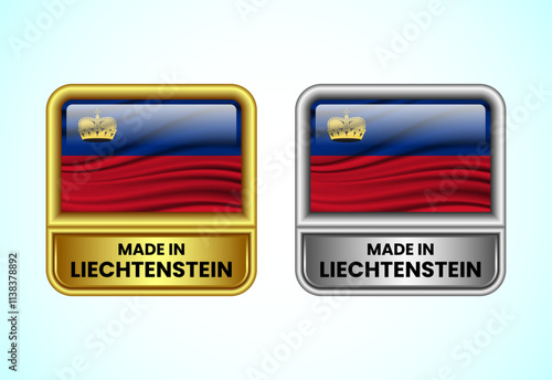 Made in Liechtenstein label icon in gold and silver color. Flag icon set for business