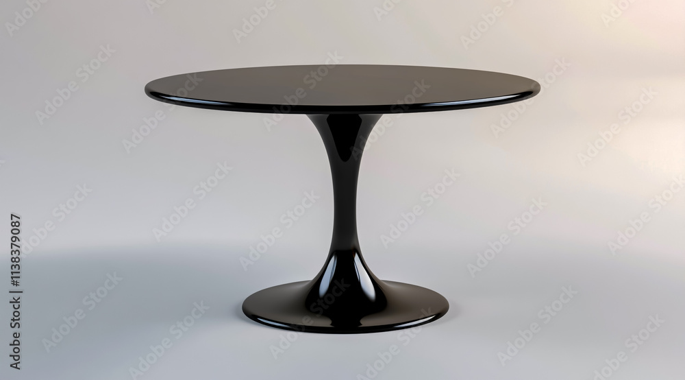 A simple, minimalistic black glass table with a round top, on a white background. A simple, minimalistic black glass table with a round top, on a white background.
