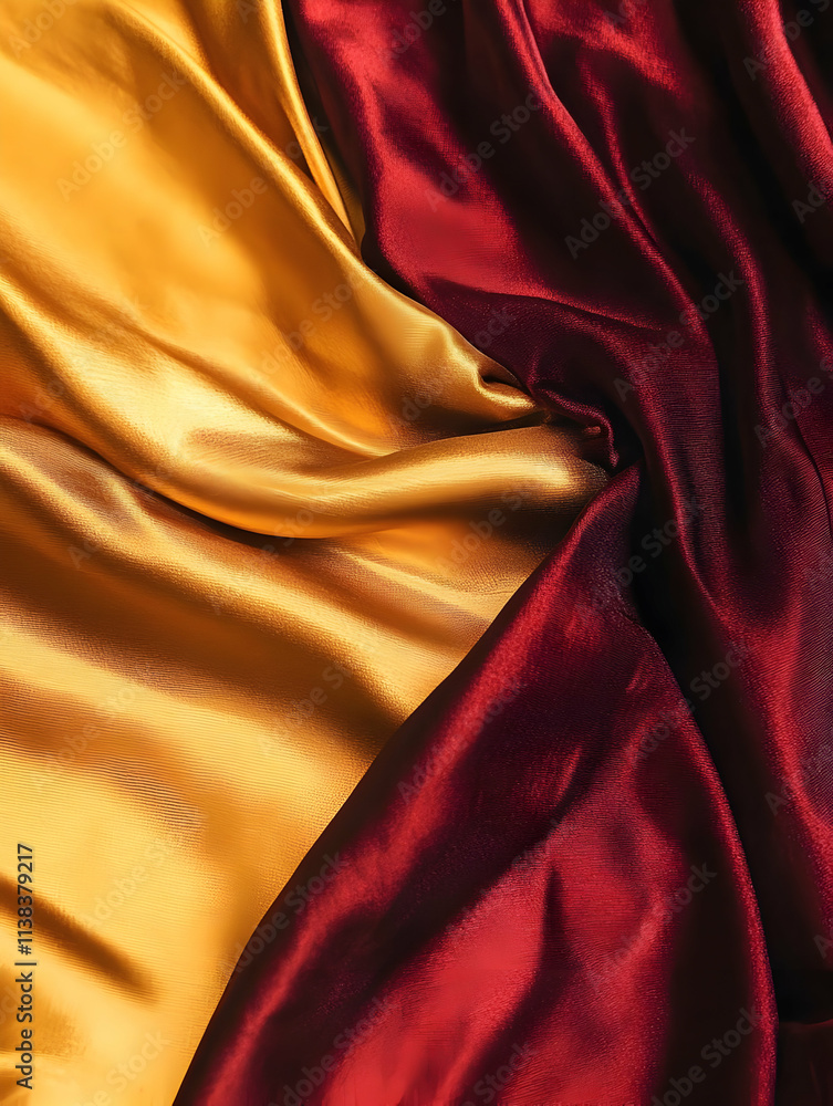 A close-up of flowing satin fabric in rich red and golden hues, showcasing texture and color. A close-up of flowing satin fabric in rich red and golden hues, showcasing texture and color.