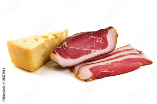 Slices of appetizing jamon, isolated on white background. photo