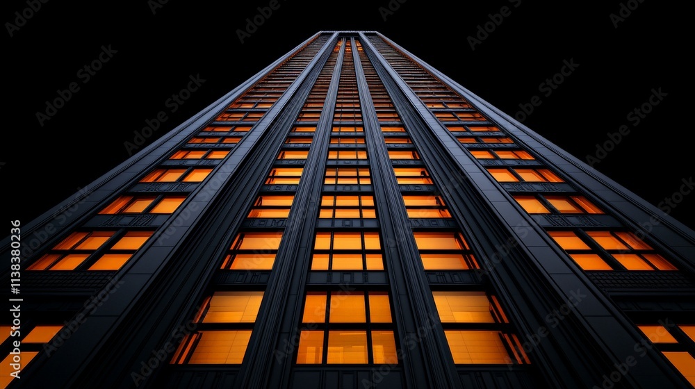City Lights: A dramatic low-angle view of a towering skyscraper, illuminated by warm, inviting lights, against a dark, starry night sky. The image evokes a sense of ambition, progress. City Lights: A dramatic low-angle view of a towering skyscraper, illuminated by warm, inviting lights, against a dark, starry night sky. The image evokes a sense of ambition, progress.