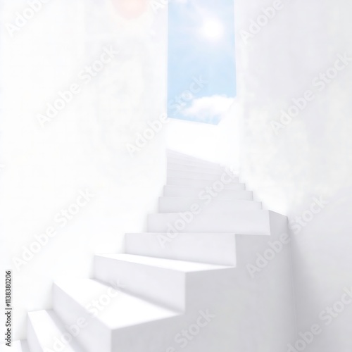 Serene White Staircase Ascending to a Bright Sky