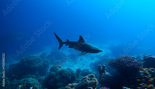 Shark Silhouette Gliding Through Colorful Reef Ecosystem