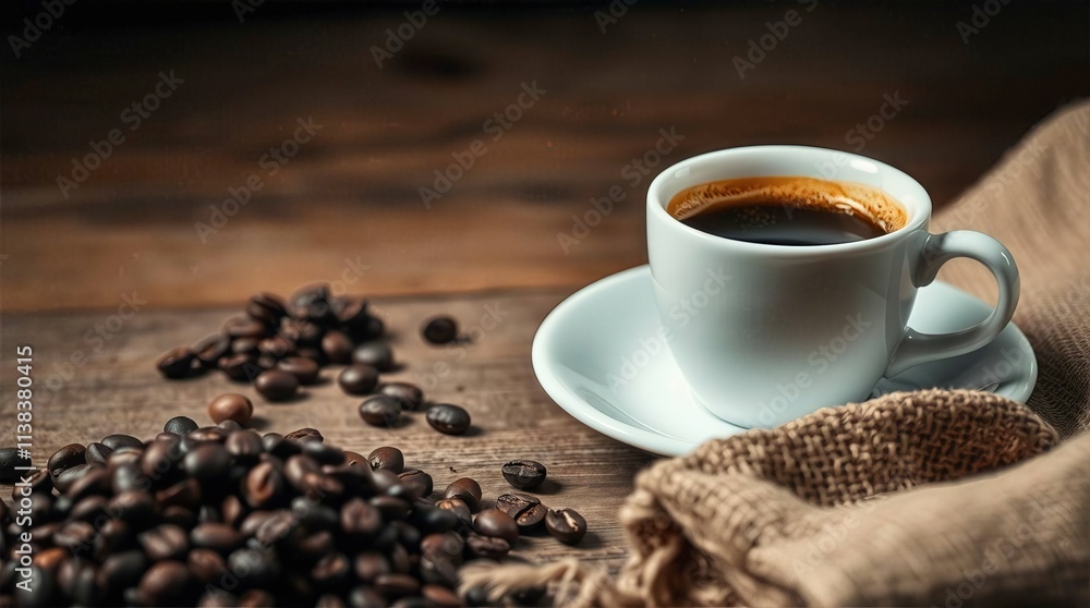 White Coffee Cup and Burlap Sack with Spilled Coffee Beans on Wooden Table White Coffee Cup and Burlap Sack with Spilled Coffee Beans on Wooden Table