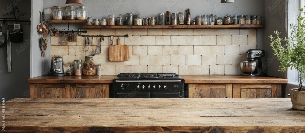 Rustic kitchen countertop with wooden shelves, stove, and utensils. Rustic kitchen countertop with wooden shelves, stove, and utensils.