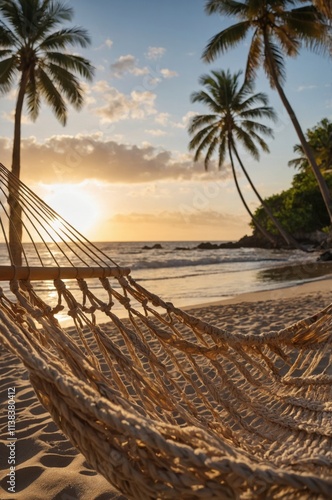 Empty hammock on a sandy beach at sunset with palm trees in the background