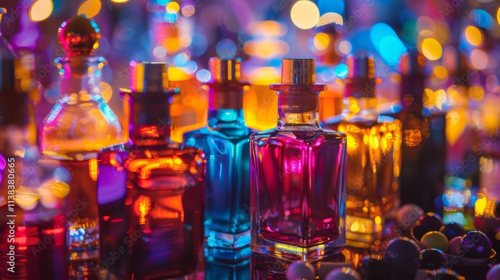 Colorful glass bottles illuminated by festive lights in a vibrant bar Colorful glass bottles illuminated by festive lights in a vibrant bar
