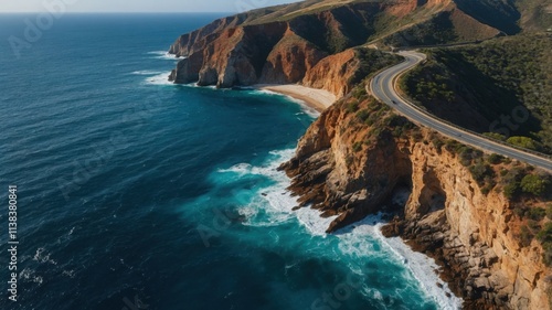 A winding coastal road carves its way through rugged cliffs, overlooking the vast blue ocean. The breathtaking scenery captures the beauty of nature's artistry photo