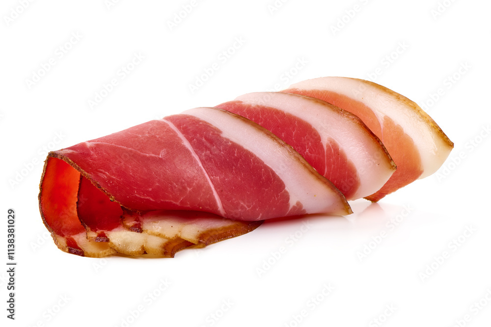 Delicious Serrano ham, cured jamon iberico, isolated on white background. Delicious Serrano ham, cured jamon iberico, isolated on white background.