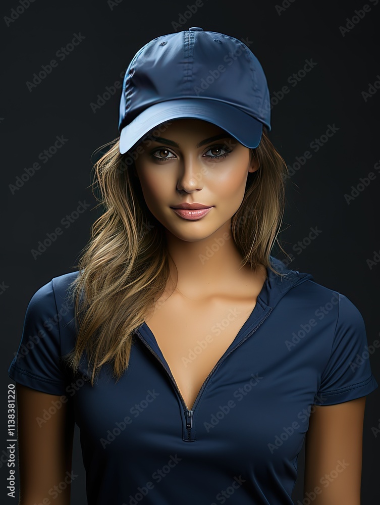 A woman wearing a blue shirt and a blue hat A woman wearing a blue shirt and a blue hat