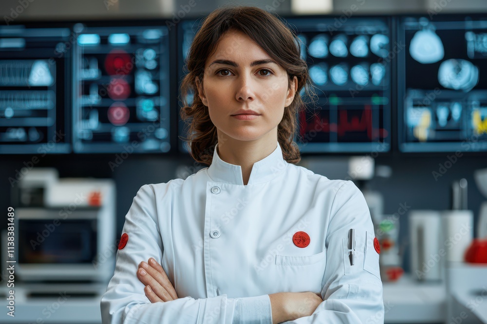 Technician in futuristic lab kitchen, surrounded by virtual screens and robotic equipment, blue-green lighting, sci-fi, cinematic, high detail Technician in futuristic lab kitchen, surrounded by virtual screens and robotic equipment, blue-green lighting, sci-fi, cinematic, high detail