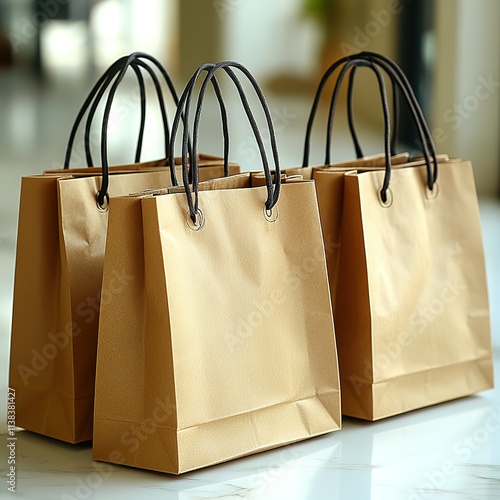 Three brown paper bags with handles are stacked on top of each other photo