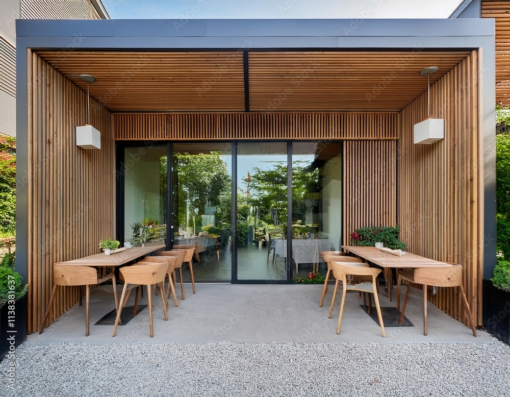 Fototapeta premium exterior facade of cafe shop and restaurant design scandinavian style front elevation wood and concrete material with garden view