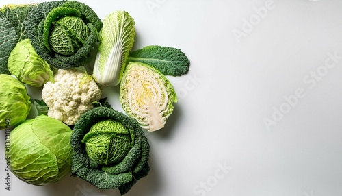 flatlay mixed fresh cabbages green color on white background top view copy sapce for text