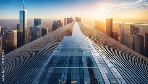 a reflective glass skyscraper mirrors the urban skyline in the background the image captures the essence of modern city life with high rise buildings and dynamic architecture
