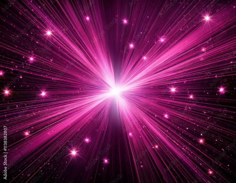 Naklejka premium radiant pink light rays with glittering stars in a dark background