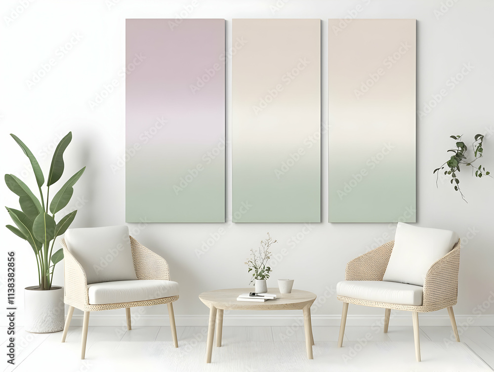 A minimalist living space with three gradient artworks and cozy seating. A minimalist living space with three gradient artworks and cozy seating.