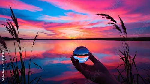 selective focus shot of a crystal ball reflecting the breathtaking sunset, creative crystal lens ball photography of a lake with greenery around