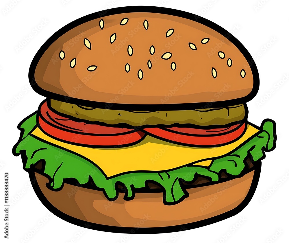A hearty hamburger with vibrant green lettuce, thick red tomato, and melted yellow cheese, placed neatly on a white background A hearty hamburger with vibrant green lettuce, thick red tomato, and melted yellow cheese, placed neatly on a white background