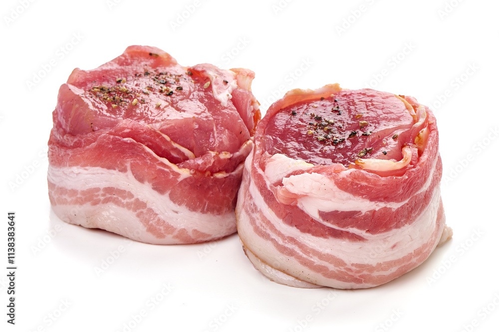 Raw bacon-wrapped meat medallions with seasoning, isolated on white background. Raw bacon-wrapped meat medallions with seasoning, isolated on white background.