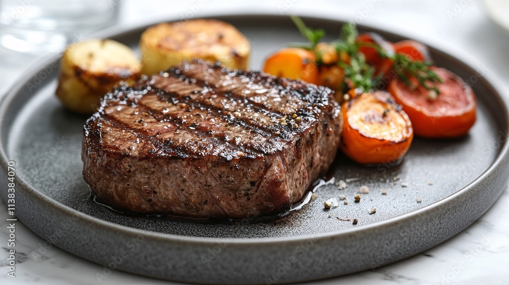 Sizzling steak plated with grilled vegetables upscale restaurant gourmet cuisine elegant atmosphere Sizzling steak plated with grilled vegetables upscale restaurant gourmet cuisine elegant atmosphere
