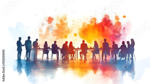 Wallpaper Mural Silhouetted Business Meeting with Colorful Abstract Background: Collaboration and Teamwork in a Creative Corporate Environment Torontodigital.ca