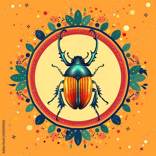 Vibrant beetle illustration bright orange background digital art decorative design artistic perspective nature photo