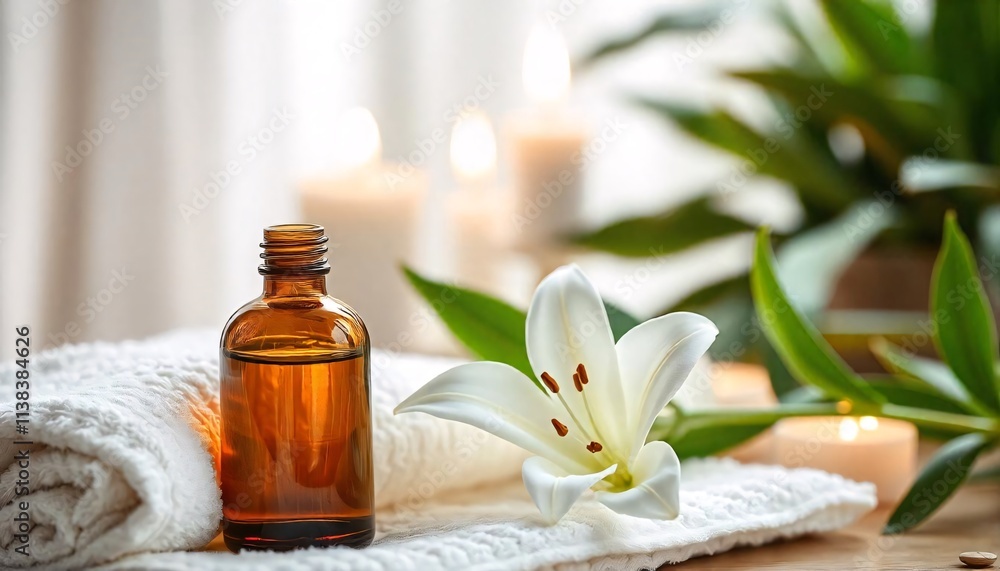 A clear glass bottle filled with golden aroma oil placed beside delicate white lilies A clear glass bottle filled with golden aroma oil placed beside delicate white lilies