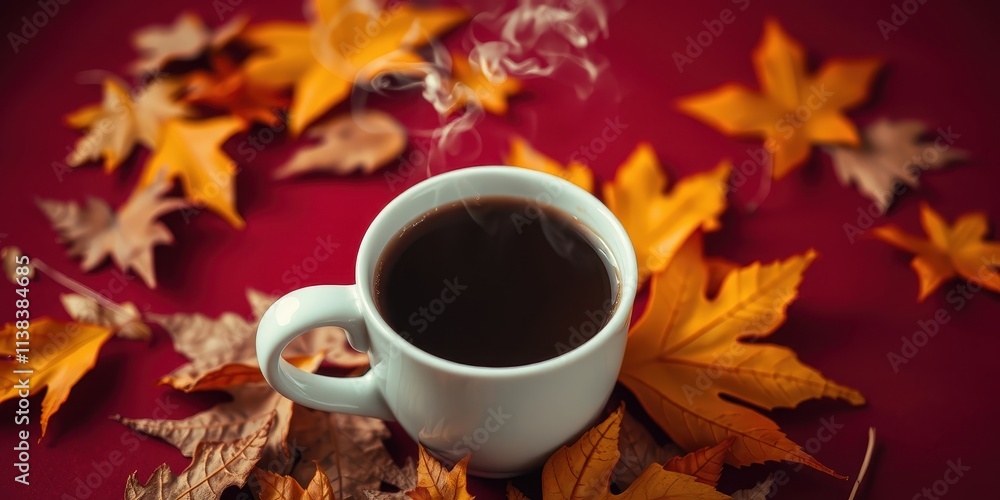 A steaming cup of coffee sits amidst a vibrant tapestry of autumn leaves, a moment of warmth and tranquility. A steaming cup of coffee sits amidst a vibrant tapestry of autumn leaves, a moment of warmth and tranquility.