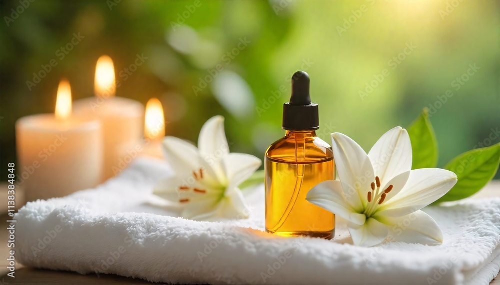 A clear glass bottle filled with golden aroma oil placed beside delicate white lilies A clear glass bottle filled with golden aroma oil placed beside delicate white lilies