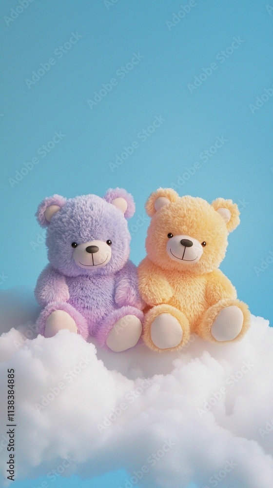 Two Cute Plush Teddy Bears Sitting Together on Fluffy Clouds Against a Light Blue Background, Perfect for Childhood Memories and Playful Imagery Two Cute Plush Teddy Bears Sitting Together on Fluffy Clouds Against a Light Blue Background, Perfect for Childhood Memories and Playful Imagery