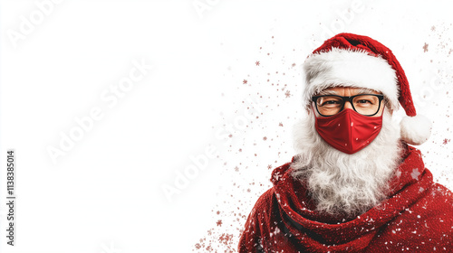 Mask for Safe Holiday Cheer Santa Claus, dressed in his classic red suit, is seen wearing a red medical mask, ensuring safety while spreading holiday joy. His warm smile peeks thro photo