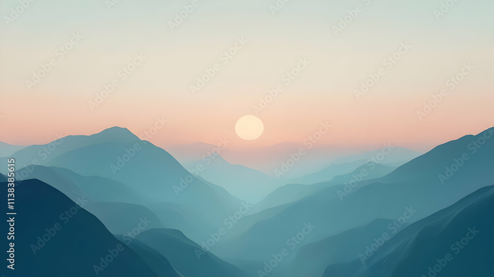 A serene landscape featuring mountains and a soft sunrise. A serene landscape featuring mountains and a soft sunrise.