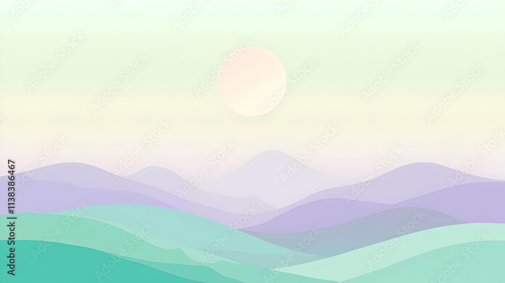Soft pastel landscape with rolling hills and a gentle sun in the background. Soft pastel landscape with rolling hills and a gentle sun in the background.