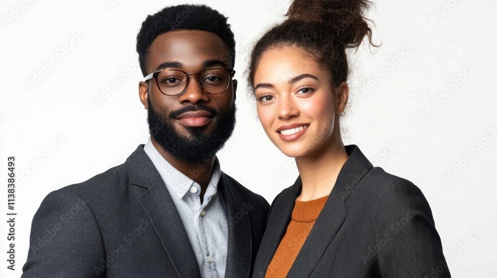 Stylish happy multiracial couple of friends embracing, standing together isolated on white background. Smiling business colleagues looking at camera Stylish happy multiracial couple of friends embracing, standing together isolated on white background. Smiling business colleagues looking at camera