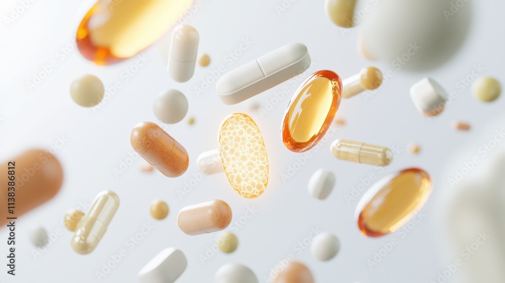 Floating vitamins and nutrient capsules health lab 3d white background aesthetic design for wellness Floating vitamins and nutrient capsules health lab 3d white background aesthetic design for wellness