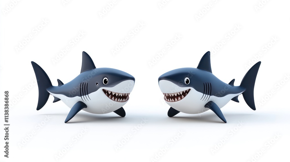 Fototapeta premium Two cartoonish sharks smiling playfully against a white background.