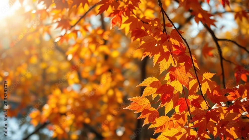 A sunlit branch of vibrant autumn foliage showcasing the intricate patterns of red, orange, and yellow leaves against a bokeh background of blurred foliage. A sunlit branch of vibrant autumn foliage showcasing the intricate patterns of red, orange, and yellow leaves against a bokeh background of blurred foliage.