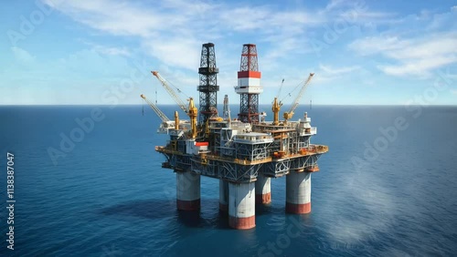 Large offshore drilling platform floating calmly on open sea seamless looping 4k time-lapse animation video background