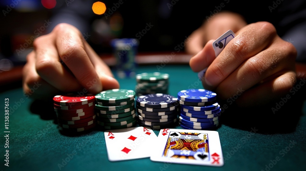 A high-stakes poker game with intense players, stacks of chips, and a hand holding aces under warm, moody lighting A high-stakes poker game with intense players, stacks of chips, and a hand holding aces under warm, moody lighting
