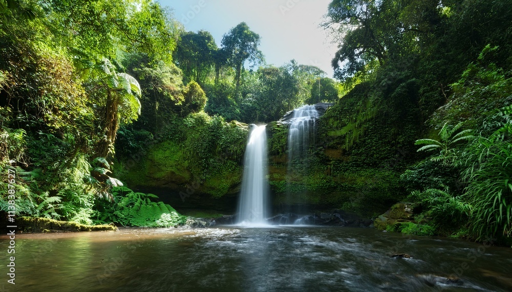 Tropical Waterfall Cascading into Clear beautiful nature travel destination Tropical Waterfall Cascading into Clear beautiful nature travel destination